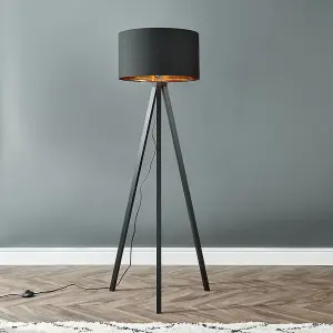 ValueLights Barbro Modern Black Wood Tripod Design Floor Lamp with a Black and Gold Drum Shade