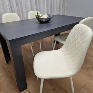 Dining Table and 4 Chairs  Black Dark Grey 4 Leather Cream  Chairs Wood Dining Set Furniture