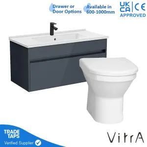 VitrA 1000mm Wall Hung Bathroom Vanity Unit with 1 Drawer Includes Basin, Black Tap and Back to Wall Toilet - Grey Gloss