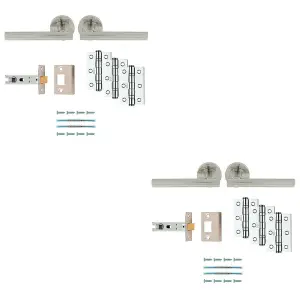 2 PACK - Premium Door Handle & Latch Pack Set- Satin Nickel Straight Bar Lever Round Rose