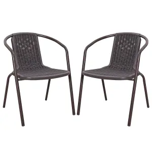 Set of 2 Brown Vintage Style Stacking Rattan Patio Garden Chairs Outdoor Armchairs with Metal Frame