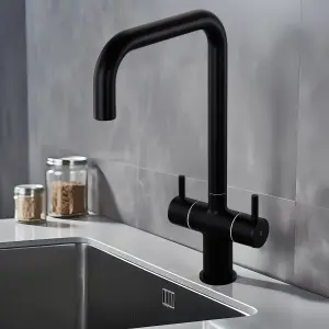 Kitchen Sink Mixer Tap 360 Swivel Spout Monobloc Mixers Faucet Single Lever Rectangle Taps with Aerator Matte Black