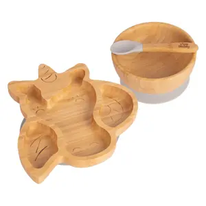 Tiny Dining - Children's Bamboo Suction Unicorn Dinner Set - Grey