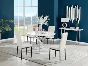 Furniturebox UK Novara White High Gloss 120cm Round Dining Table & 4 Cream Velvet Milan Black Leg Chairs