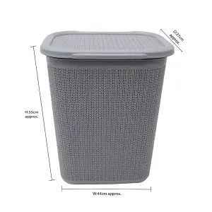 JVL Knit Design Loop Plastic Rectangular Lidded Washing Laundry Basket, Grey