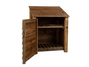 Wooden log store with door and kindling shelf W-99cm, H-126cm, D-88cm - brown finish