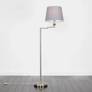 ValueLights Sinatra Adjustable Swing Arm Floor Lamp In Brushed Chrome Finish with Grey Light Shade