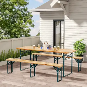 3Pcs Foldable Outdoor Patio Metal Wood Garden Table Bench Set 4 Seater 197cm