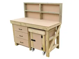 Wooden MDF top workbench with drawers and functional lockable cupboard (V.6) (H-90cm, D-70cm, L-150cm) with back