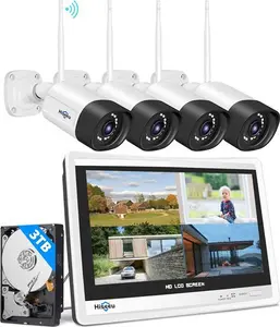 5MP+3TB Hard Drive Hiseeu Wireless Security Camera System With 12"Monitor Wireless CCTV System 10CH NVR,4X5megapixel Outdoor Wifi IP Camera With 2-