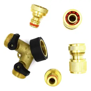 2 Way Garden Tap Connector, Brass Garden Hose Tap Y Splitter Connector with Individual On/Off Valves and 2 Matching Connectors