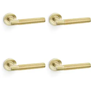 4 PACK - SOLID BRASS Reeded Door Handle Set - Satin Brass Straight Lever on Round Rose