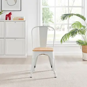 Furniturebox Set of 2 White Colton Tolix Style Stackable Industrial Metal Dining Chair With Pine Seat