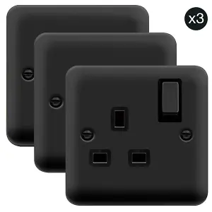 3 PACK - Curved Matt Black 1 Gang 13A DP Ingot Switched Plug Socket - Black Trim - SE Home