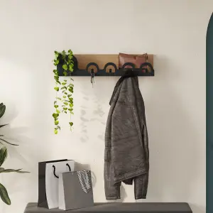 Decortie Modern Liora Wall Mounted Oak Hanger Storage with 4 Black Metal Hooks Coat Rack Shelf Engineered-Wood for Hallway Bedroom