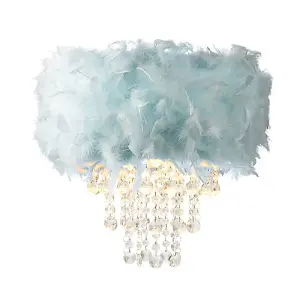 Contemporary Duck Egg Feather Pendant Light Shade with Clear Acrylic Droplets