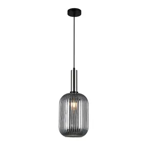 Luminosa Modern Hanging Pendant Satin Nickel 1 Light  with Glass, Smoky Shade, E27