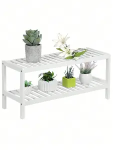 SONGMICS Natural Bamboo 2-Tier Shoe Rack, Shelf For Shoes Plants Books, For Living Room Hallway Bedroom Bathroom, White