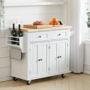 White Kitchen Island Cart Rolling Storage Trolley Cupboard with 2 Drawers 82cm (H)