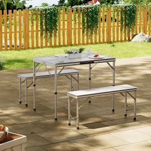 3Pcs Silver Aluminum Portable Folding Garden Camping Table and Benches Set 90 cm