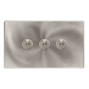 Brushed Steel Screwless Plate 3 Gang 2 Way 10AX Toggle Light Switch - SE Home