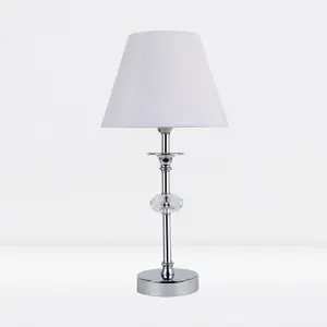 First Choice Lighting Chrome Plated Stacked Bedside Table Light with Faceted Acrylic Detailing and White Fabric Shade