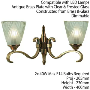 Luxury Traditional Twin Wall Light Antique Brass Art Deco Glass Shade Dimmable