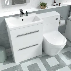 Nes Home 1100mm White Basin Vanity Cabinet, WC Unit & Back To Wall Toilet