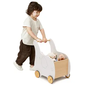 Costway Wooden Baby Walker 2 in 1 Kids Push Along Toy Cart with Storage Chest 4 Wheels