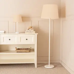 ValueLights Charles White Single Stem Table Lamp with Beige Tapered Lamp Shade and LED Bulb