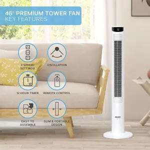 Air Pro Smart 46" Tower Fan Tall Oscillating Bladeless Fan with Remote 3 Speed Quiet Cooling Fan - 4 Modes 12H Timer - White