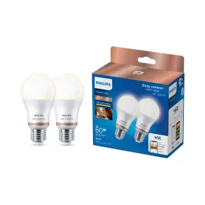 Philips WiZ E27 60W LED Warm white A60 Non-dimmable Light bulb Pack of 2