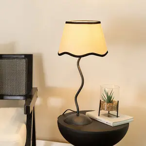 ValueLights Wiggle Black Metal Stem Table Lamp with Linen Scallop Black Trim Tapered Lamp Shade and LED Bulb