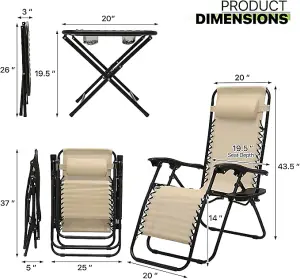 3 Piece Folding Zero Gravity Brown Chair Set with Table / Ultimate Comfort for Outdoor Relaxation