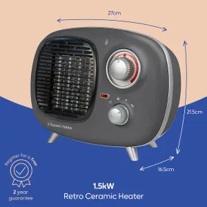 Russell Hobbs Fan Heater 1500W Portable Electric Retro Grey Ceramic Heater RHRETPTC2001G