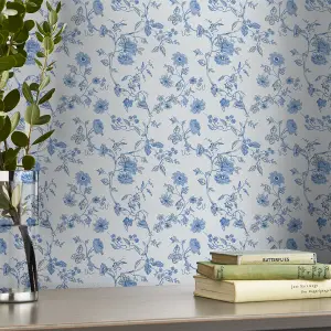 Laura Ashley Rambling Rector Blue Sky Floral Smooth Wallpaper Sample