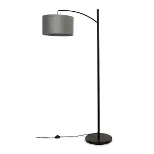 ValueLights Preto Black Metal Curve Stem Living Room Floor Lamp with a Grey Velvet Shade - Bulb Included