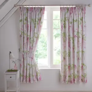 Wisteria Floral Print Pair of Pink Pencil Pleat Curtains With Tie-Backs