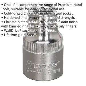 8mm Chrome Vanadium Forged Steel Drive Socket - 3/8 Inch Square Drive Tool