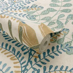 Grandeco Kara Tropical Jungle Foliage Leaves Textured Wallpaper, Neutral Blue