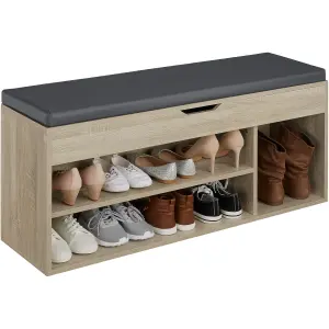 Shoe Rack Natalya - 4 storage spaces, bench seat cushion, for 9 pairs of shoes - Wood light, oak Sonoma