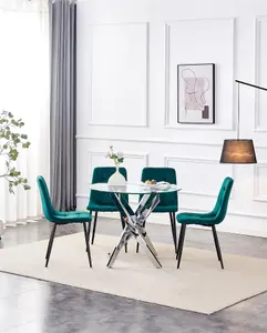 Dining Table and 4 Chairs Round Glass Table 4 Green Velvet Chairs Dining Set