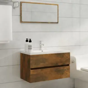 Berkfield Sink Cabinet with Built-in Basin Smoked Oak Engineered Wood