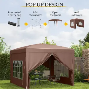 Outsunny 3x3 m Pop Up Gazebo Party Tent Canopy Marquee with Storage Bag Coffee