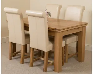 Richmond 140cm - 220cm Oak Extending Dining Table and 4 Chairs Dining Set with Washington Ivory Leather Chairs