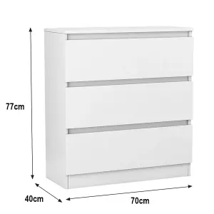 SunDaze Chest of Drawers Storage Bedroom Furniture Cabinet 3 Drawer White 70x40x77cm