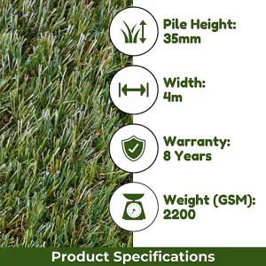 Seville 35mm Artificial Grass, Premium Quality Outdoor Artificial Grass, Fake Grass For Patio-15m(49'2") X 4m(13'1")-60m²