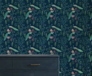 Bobbi Beck eco-friendly blue colourful peacock wallpaper