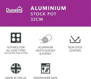 Dunelm Essentials Non-Stick Aluminium Stock Pot, 32Cm, Black