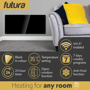 Futura Electric 2000W WIFI Glass Radiator Panel Heater Black Wall Mounted or Floor Standing Bathroom Safe, Timer and Thermostat